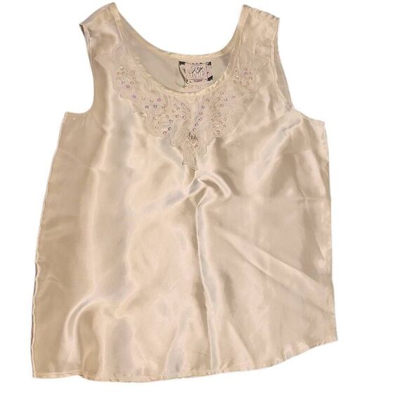 White Vintage Satin Beaded Vintage Tank Top by Try One - Picture 1 of 5